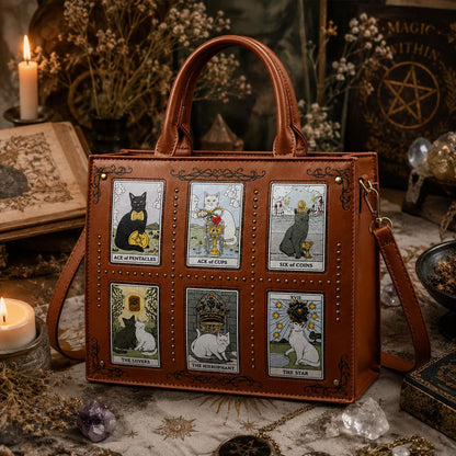 Tarot Cat Witchy Handbag Tote - Occult Cat Crossbody Bag for Witch, Wiccan-MoonChildWorld
