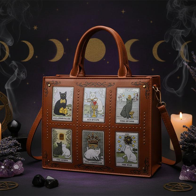 Tarot Cat Witchy Handbag Tote - Occult Cat Crossbody Bag for Witch, Wiccan-MoonChildWorld