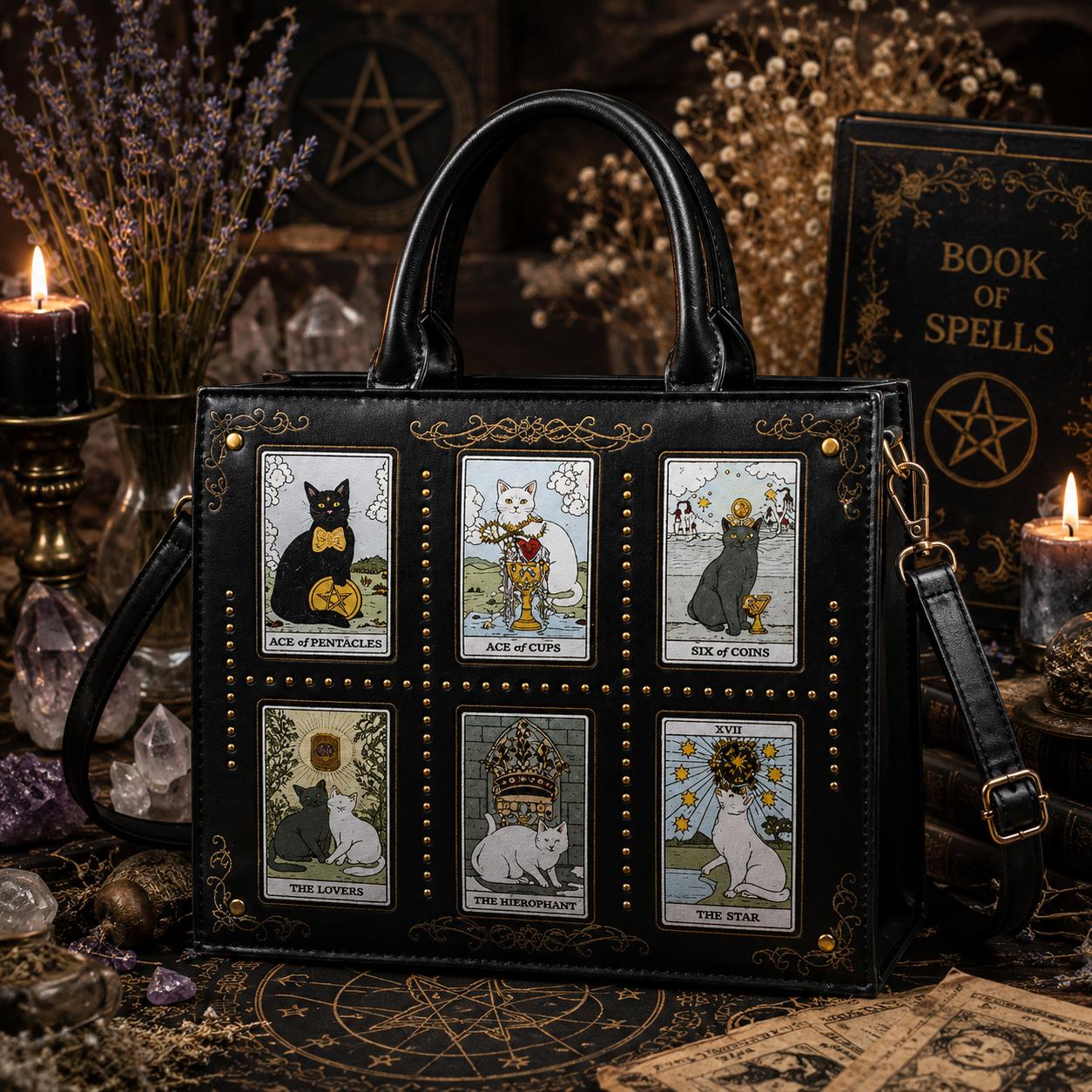 Tarot Cat Witchy Handbag Tote - Occult Cat Crossbody Bag for Witch, Wiccan-MoonChildWorld