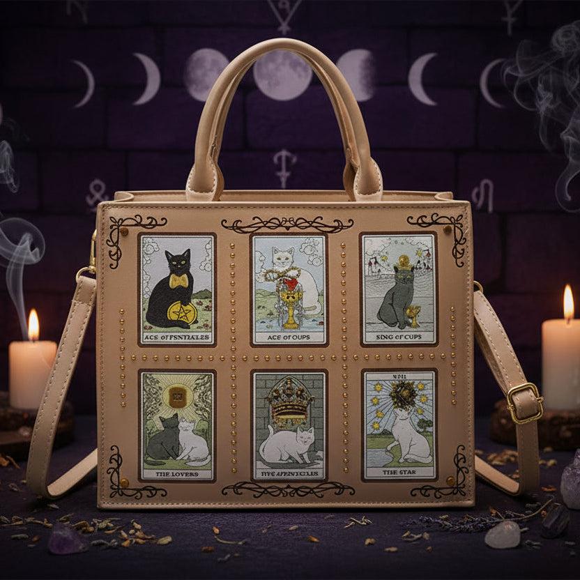 Tarot Cat Witchy Handbag Tote - Occult Cat Crossbody Bag for Witch, Wiccan-MoonChildWorld