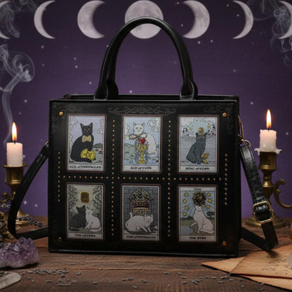 Tarot Cat Witchy Handbag Tote - Occult Cat Crossbody Bag for Witch, Wiccan-MoonChildWorld
