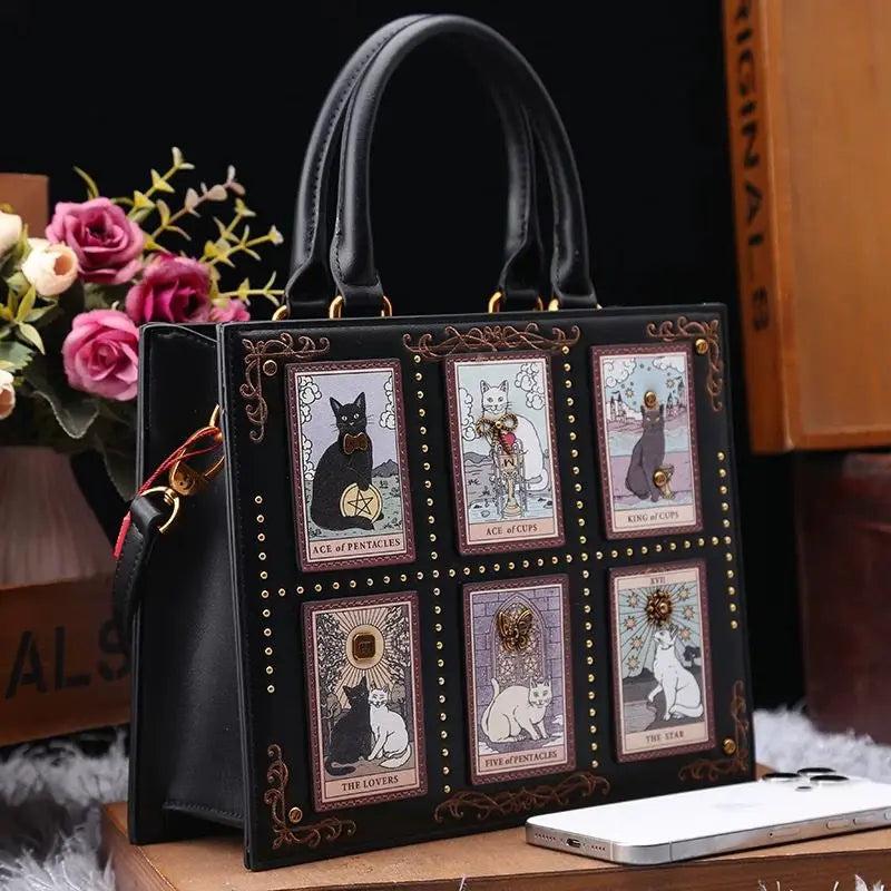 Tarot Cat Witchy Handbag Tote - Occult Cat Crossbody Bag for Witch, Wiccan-MoonChildWorld