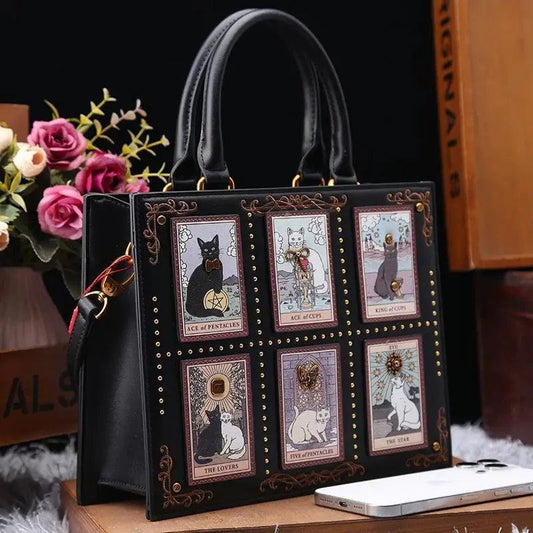 Tarot Cat Witchy Handbag Tote - Occult Cat Crossbody Bag for Witch, Wiccan-MoonChildWorld