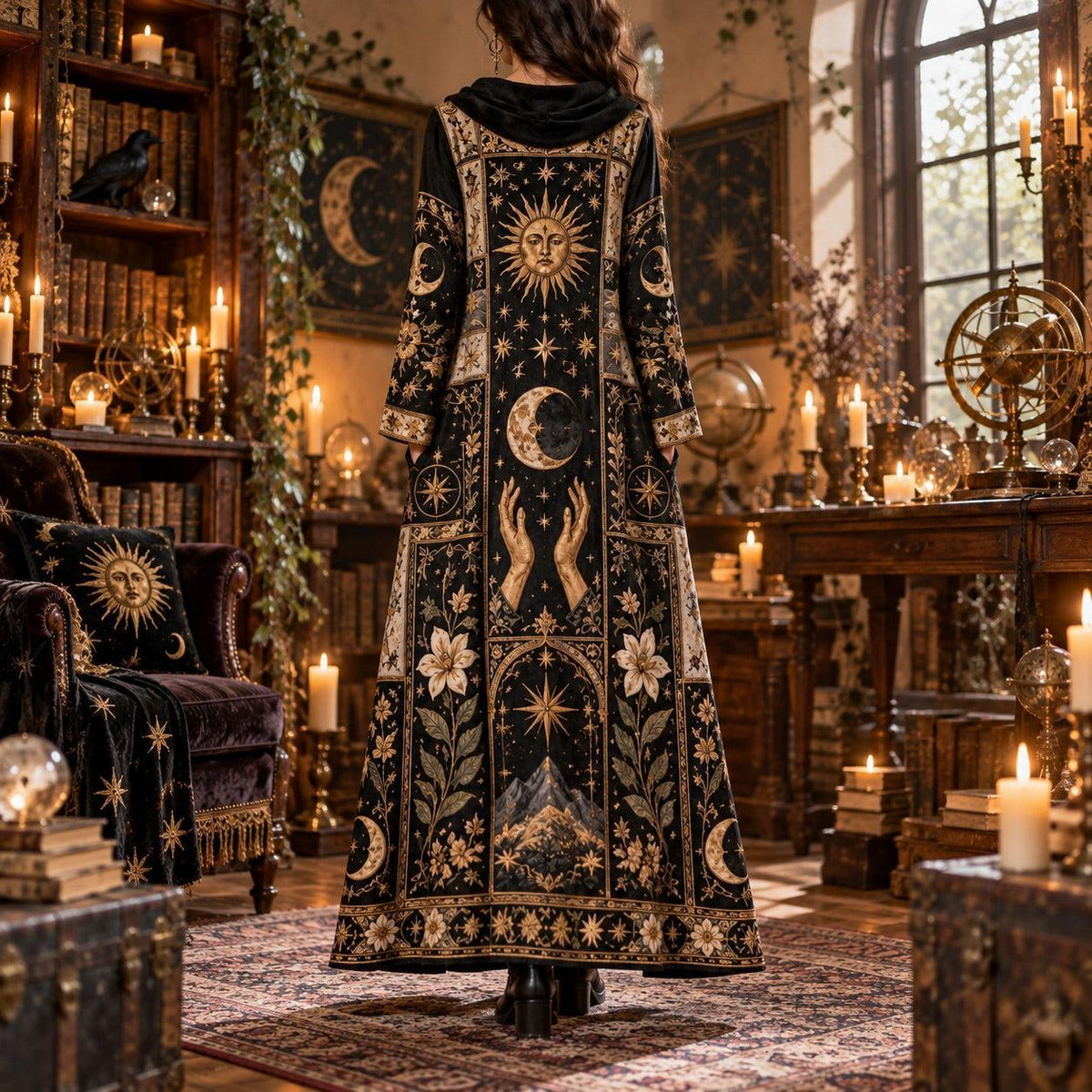 Tarot Celestial Witchy Cowl Neck Dress – Sun and Moon Gothic Maxi – worn, back view