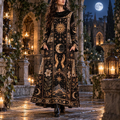 Tarot Celestial Witchy Cowl Neck Dress – Sun and Moon Gothic Maxi – worn, in motion