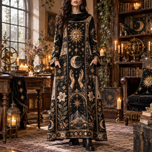 Tarot Celestial Witchy Cowl Neck Dress – Sun and Moon Gothic Maxi – worn, front view