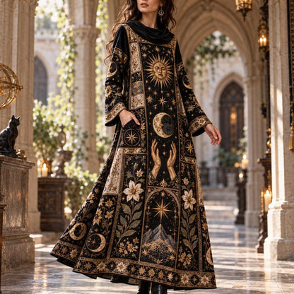 Tarot Celestial Witchy Cowl Neck Dress – Sun and Moon Gothic Maxi – worn, three quarter view