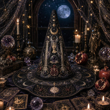Tarot High Priestess Witch Hat – Celestial Wiccan Pagan Moon Hat – held in both hands