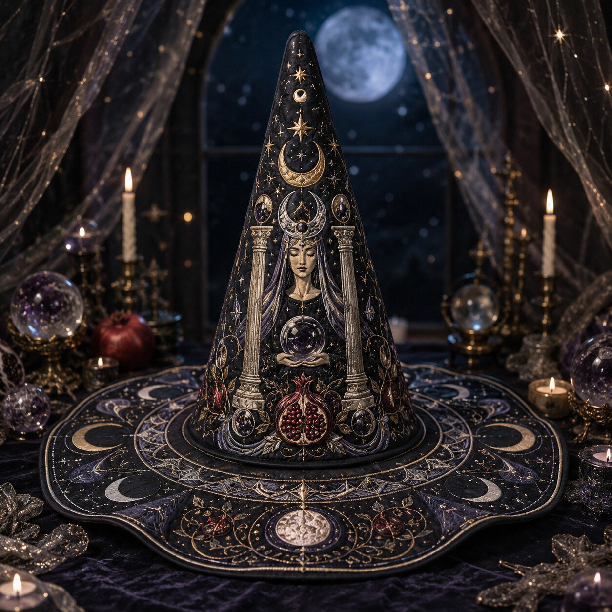 Tarot High Priestess Witch Hat – Celestial Wiccan Pagan Moon Hat – on an altar table