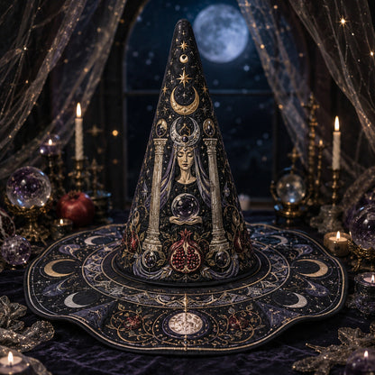 Tarot High Priestess Witch Hat – Celestial Wiccan Pagan Moon Hat – on an altar table