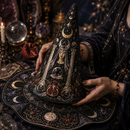 Tarot High Priestess Witch Hat – Celestial Wiccan Pagan Moon Hat – styled with candles and crystals