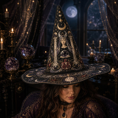 Tarot High Priestess Witch Hat – Celestial Wiccan Pagan Moon Hat – worn, front view