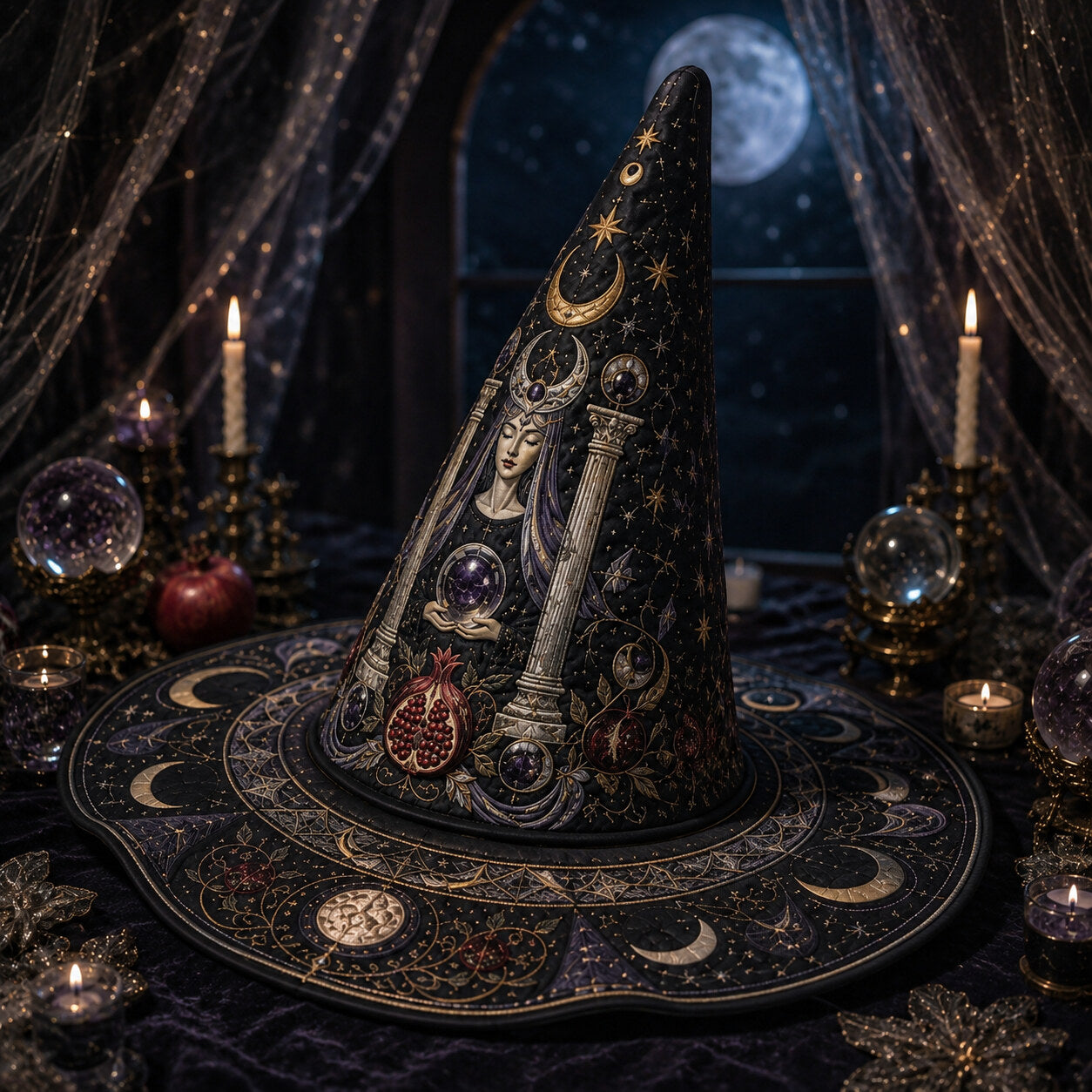 Tarot High Priestess Witch Hat – Celestial Wiccan Pagan Moon Hat – quilting and print detail