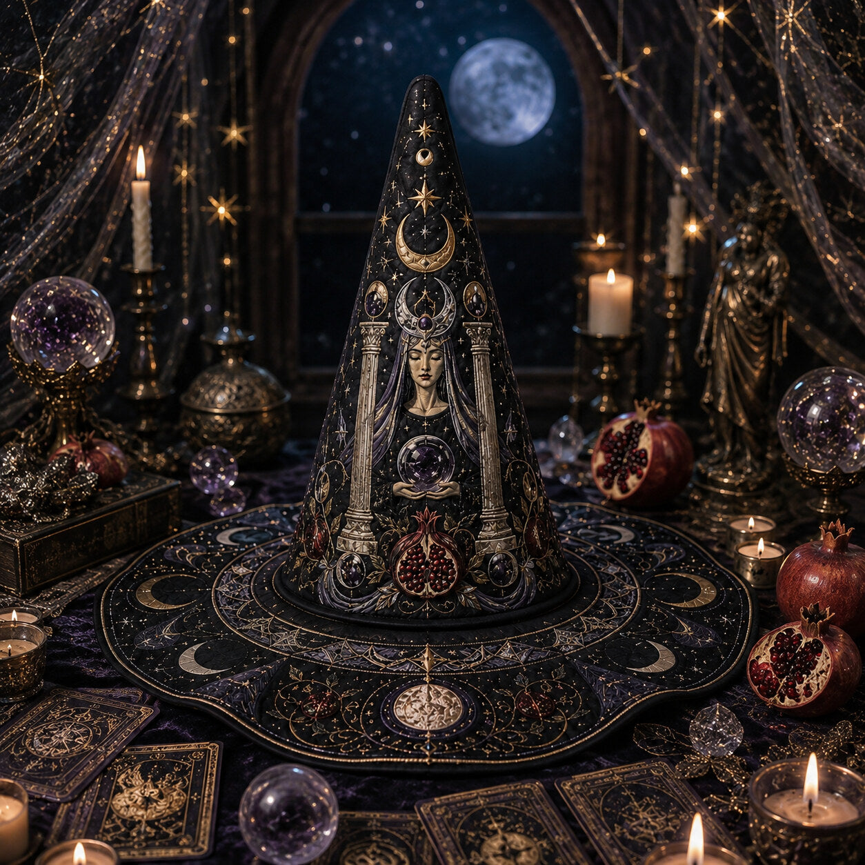 Tarot High Priestess Witch Hat – Celestial Wiccan Pagan Moon Hat – held in both hands