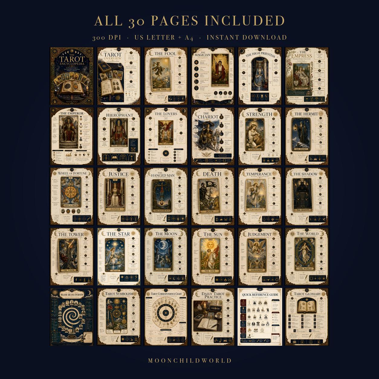 30-page printable tarot grimoire featuring cream and gold Major Arcana cards with vintage occult illustrations on a dark background.