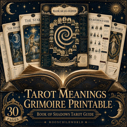 Printable Tarot grimoire pages featuring cream and gold celestial illustrations on a midnight blue background.