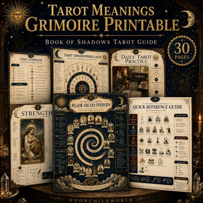 Printable tarot grimoire pages with cream and gold celestial designs, featuring Major Arcana guides and symbolism charts.