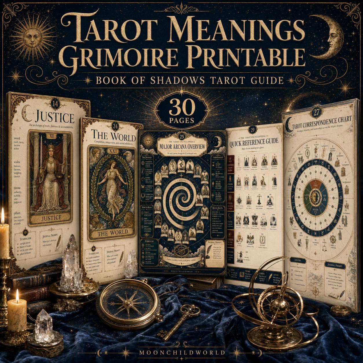 Printable tarot grimoire pages in cream and gold on midnight blue, featuring Major Arcana cards, charts, and mystical illustrations.