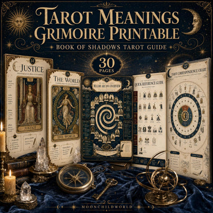Printable tarot grimoire pages in cream and gold on midnight blue, featuring Major Arcana cards, charts, and mystical illustrations.