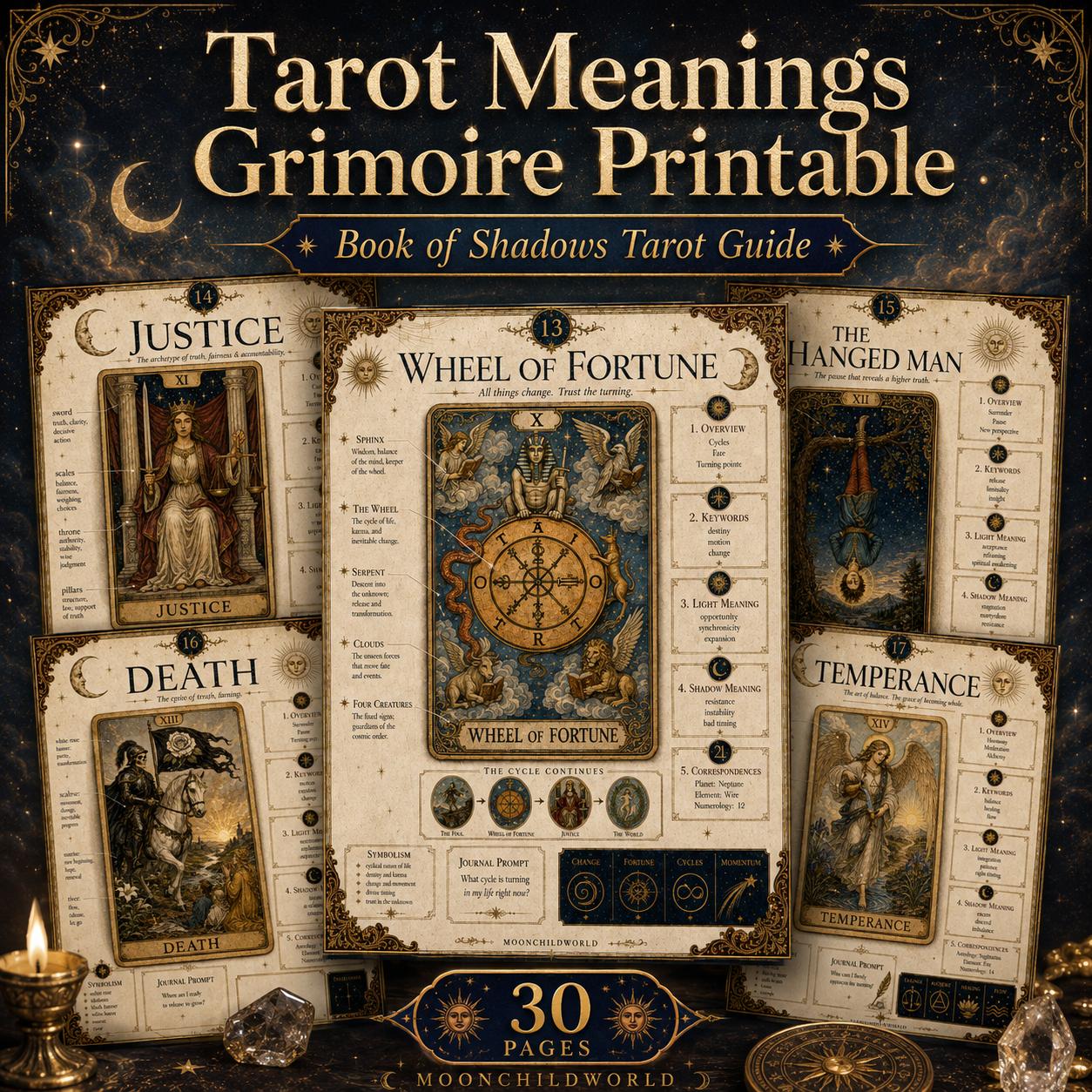 Printable tarot grimoire pages featuring cream and gold vintage designs with detailed Major Arcana card meanings and symbolism.