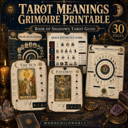 Printable Tarot grimoire pages in cream and gold with vintage illustrations, astrological charts, and Major Arcana card meanings.