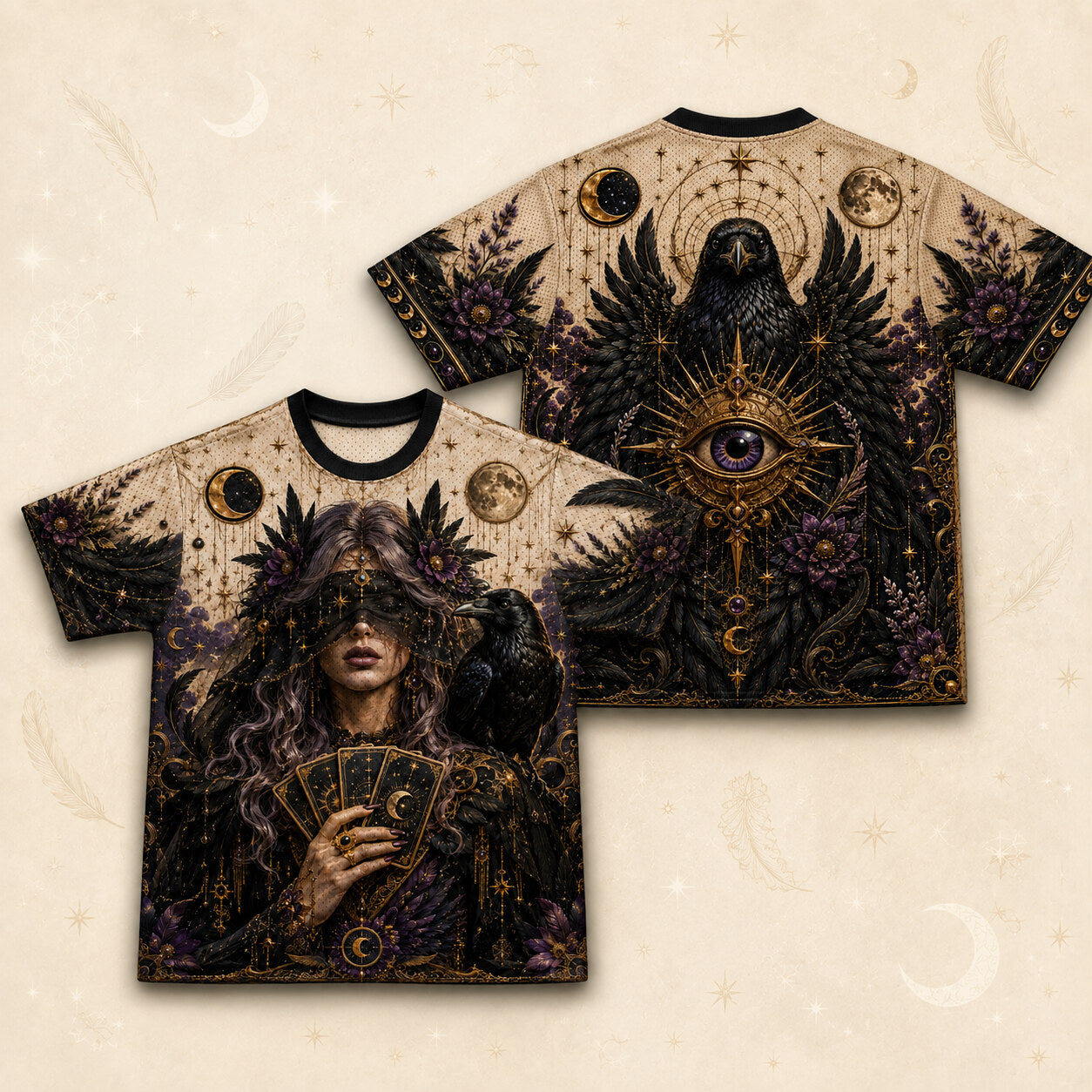 Tarot Raven Witch T-Shirt All Seeing Eye Parchment Gothic Tee front and back together