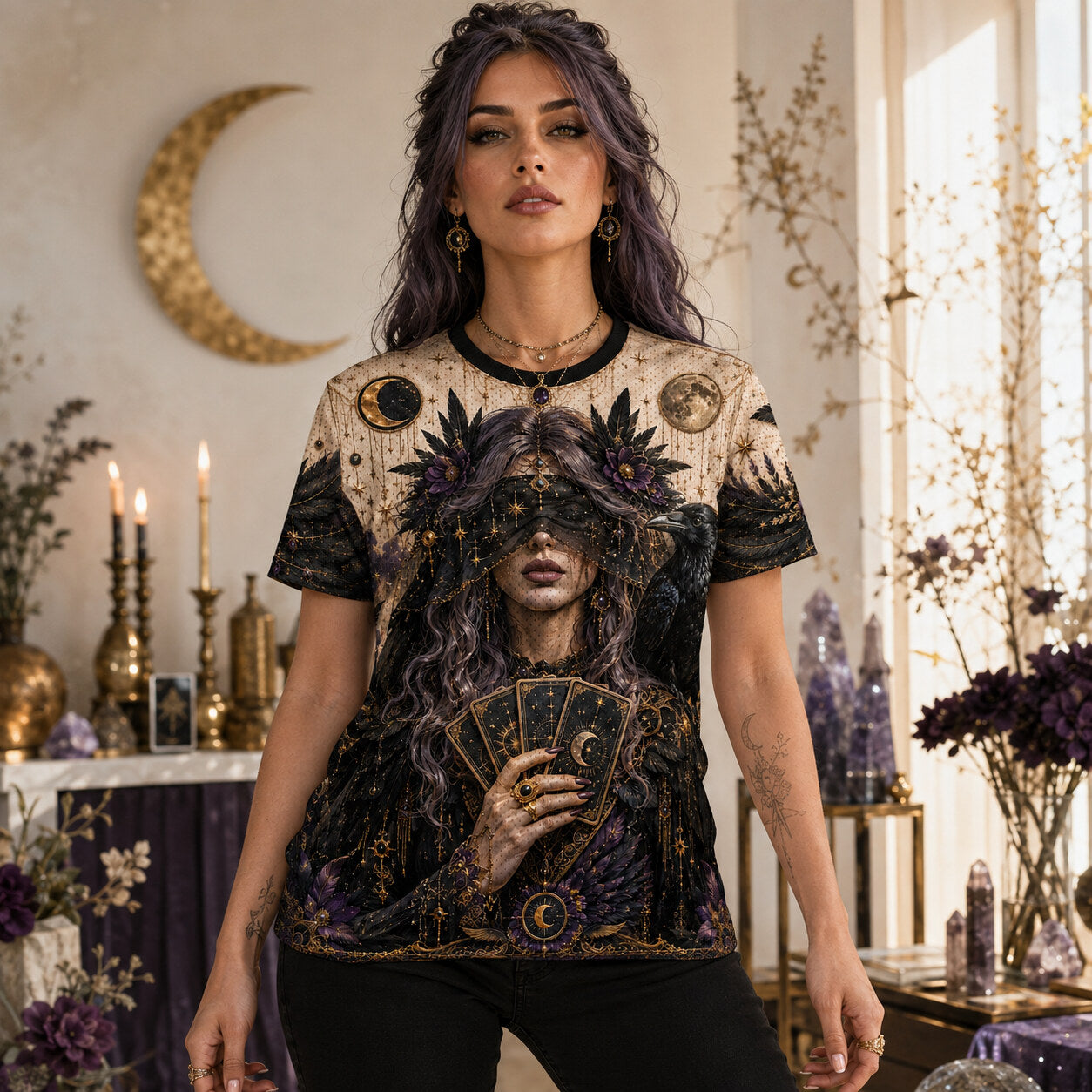 Tarot Raven Witch T-Shirt All Seeing Eye Parchment Gothic Tee worn, front view