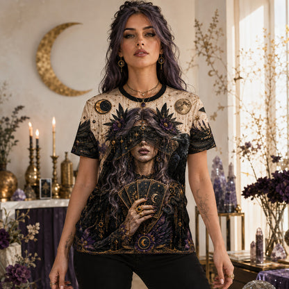 Tarot Raven Witch T-Shirt All Seeing Eye Parchment Gothic Tee worn, front view