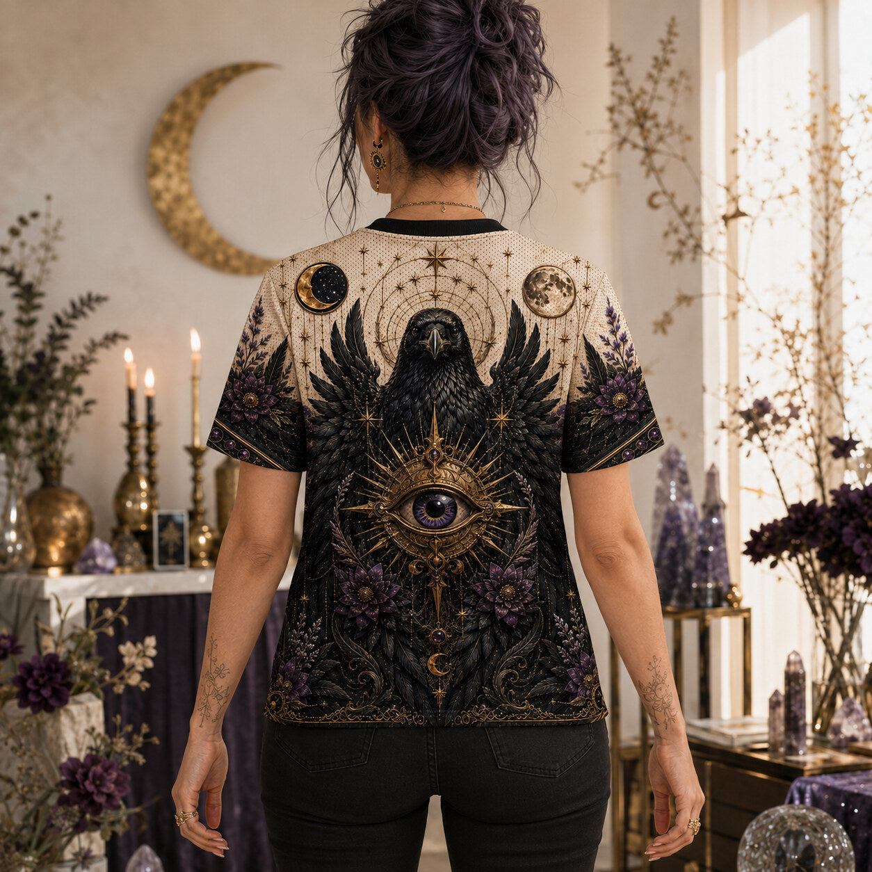 Tarot Raven Witch T-Shirt All Seeing Eye Parchment Gothic Tee worn, back view