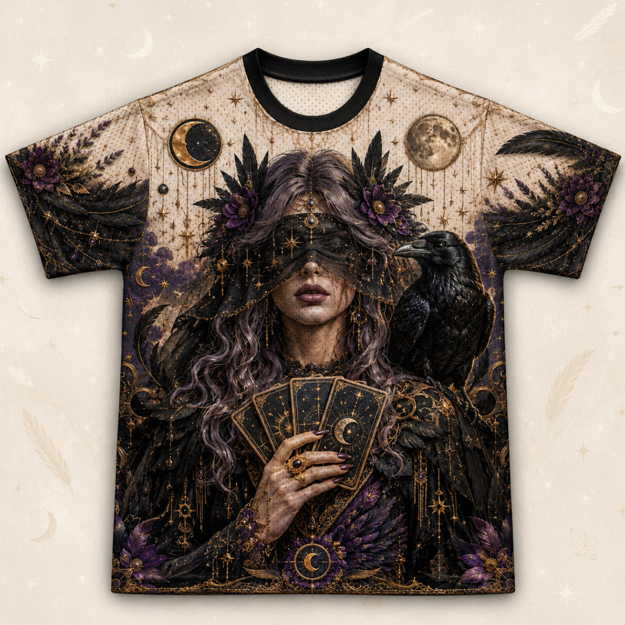 Tarot Raven Witch T-Shirt All Seeing Eye Parchment Gothic Tee front view