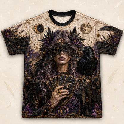 Tarot Raven Witch T-Shirt All Seeing Eye Parchment Gothic Tee front view