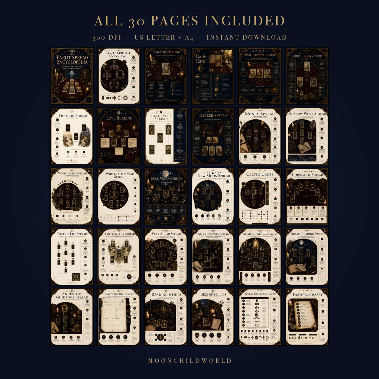 Grid of 30 printable tarot spread pages with elegant black and gold mystical designs for card reading layouts.