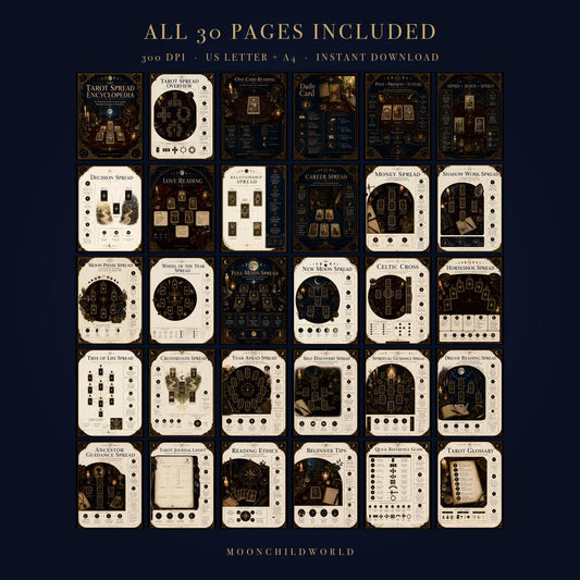 Grid of 30 printable tarot spread pages with elegant black and gold mystical designs for card reading layouts.