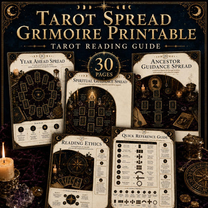 Printable tarot spread grimoire pages with gold celestial designs on a dark velvet background with candles and crystals.