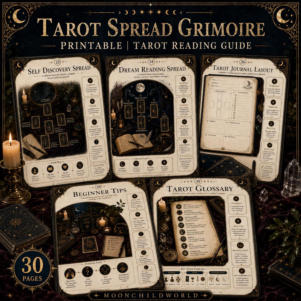 Printable Tarot spread grimoire pages with gold celestial motifs, dark mystical backgrounds, and organized reading layouts.