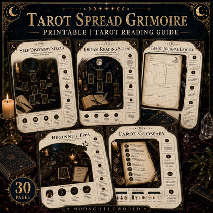 Printable Tarot spread grimoire pages with gold celestial motifs, dark mystical backgrounds, and organized reading layouts.