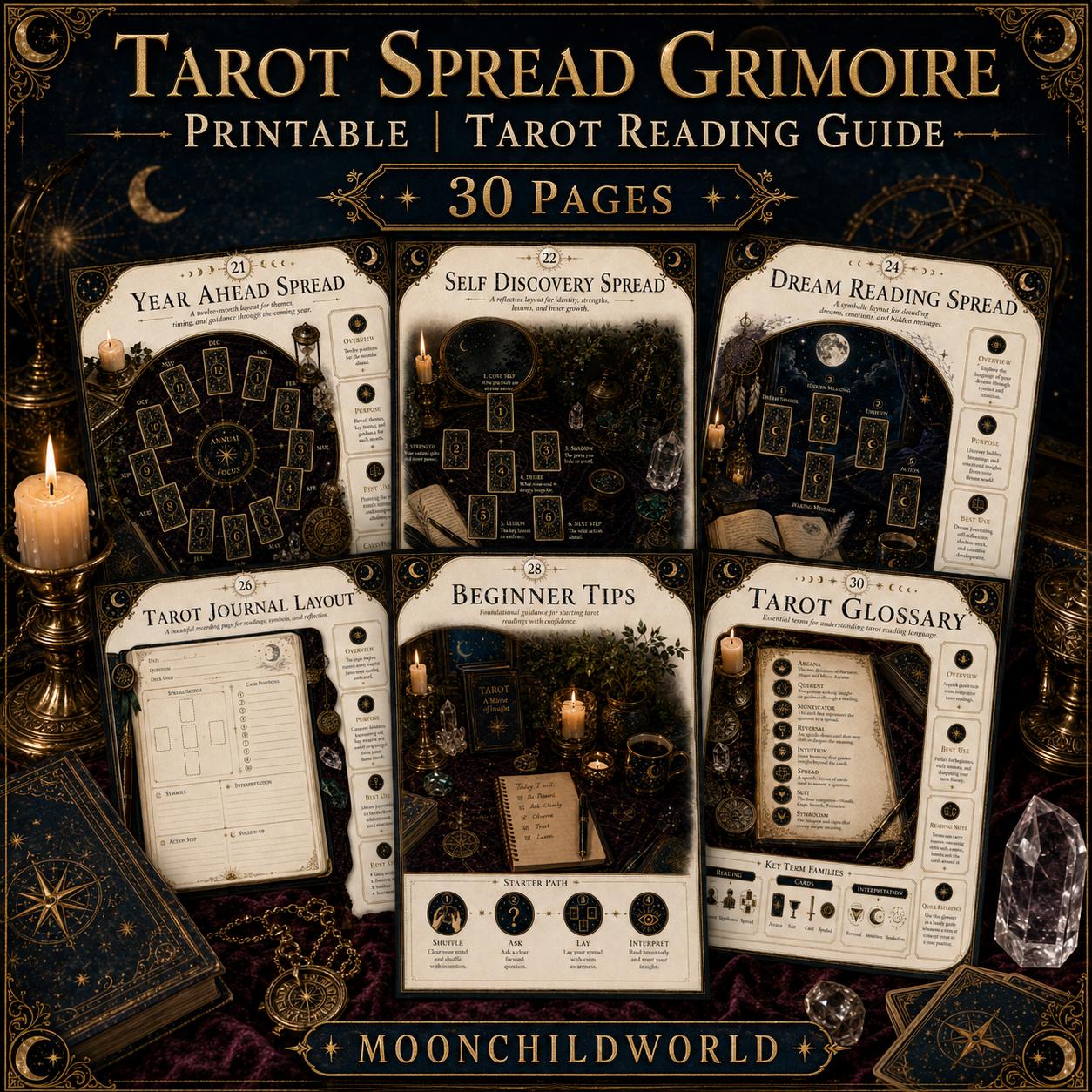 Printable tarot spread grimoire pages with mystical gold celestial designs, dark parchment backgrounds, and illustrated reading layouts.