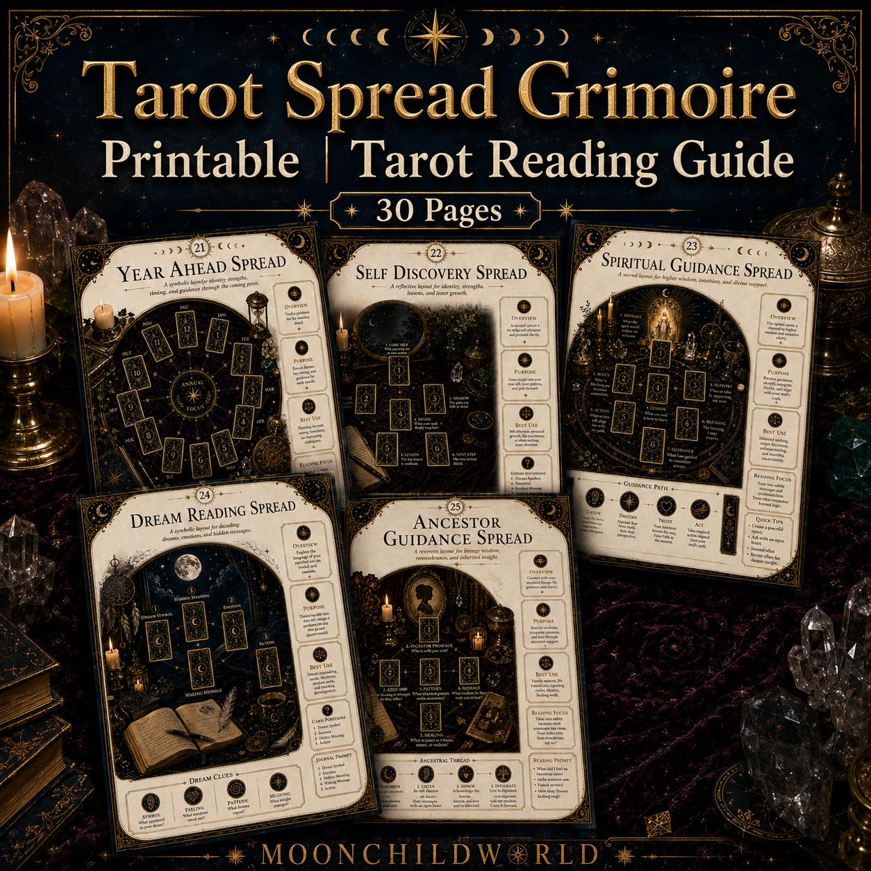 Printable tarot spread grimoire pages with black and gold celestial designs, numbered card layouts, and mystical illustrations.