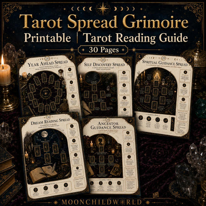 Printable tarot spread grimoire pages with black and gold celestial designs, numbered card layouts, and mystical illustrations.