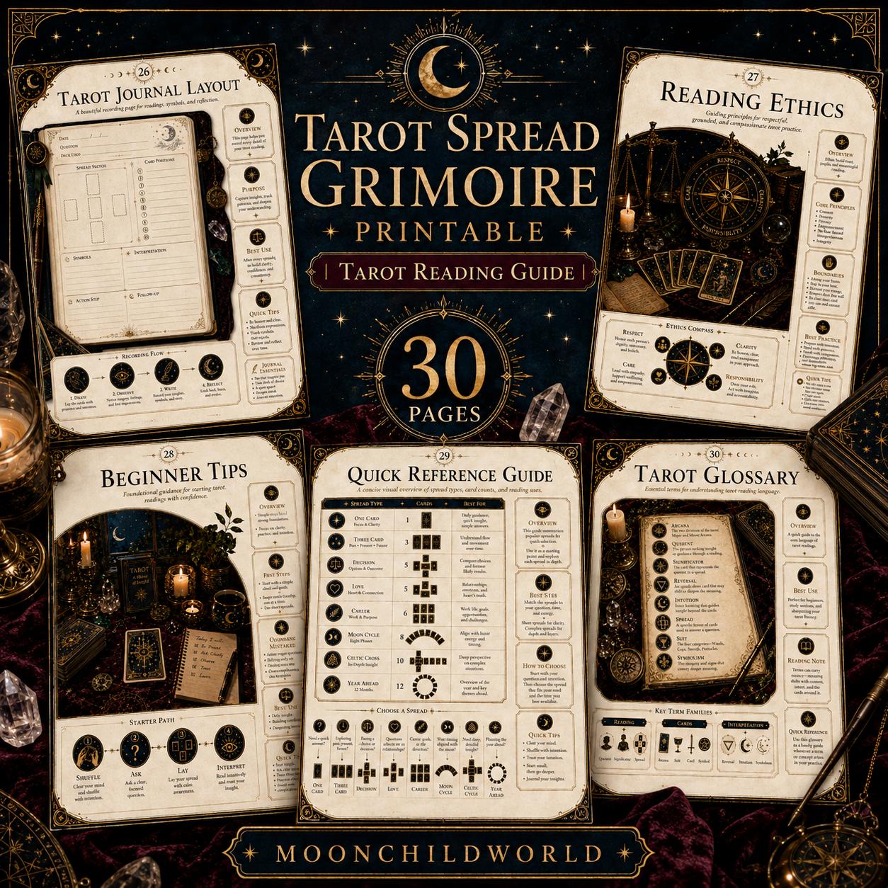 Printable 30-page Tarot Grimoire guide with black and gold celestial designs, featuring reading layouts and reference charts.