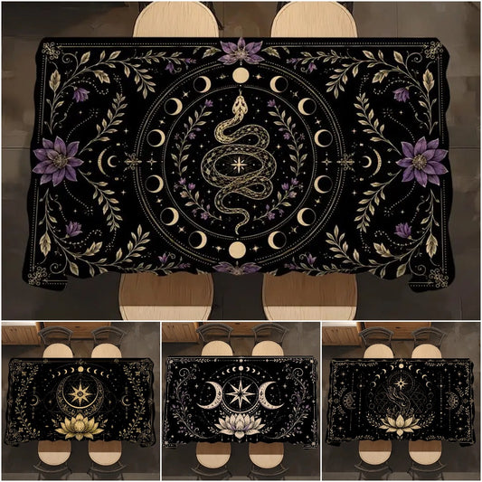 A black tablecloth with a mystical occult design featuring a central snake, moon phases, stars, and purple flowers, shown in a main large view and three smaller alternate design views below.