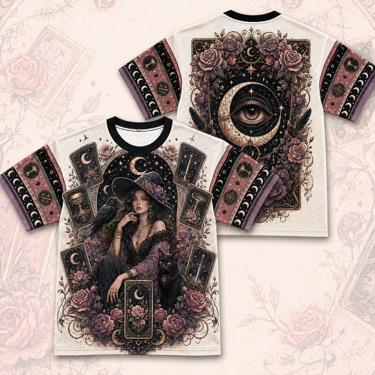 Tarot Witch Raven T-Shirt Winged Eye Moon Cream Gothic Tee front and back together