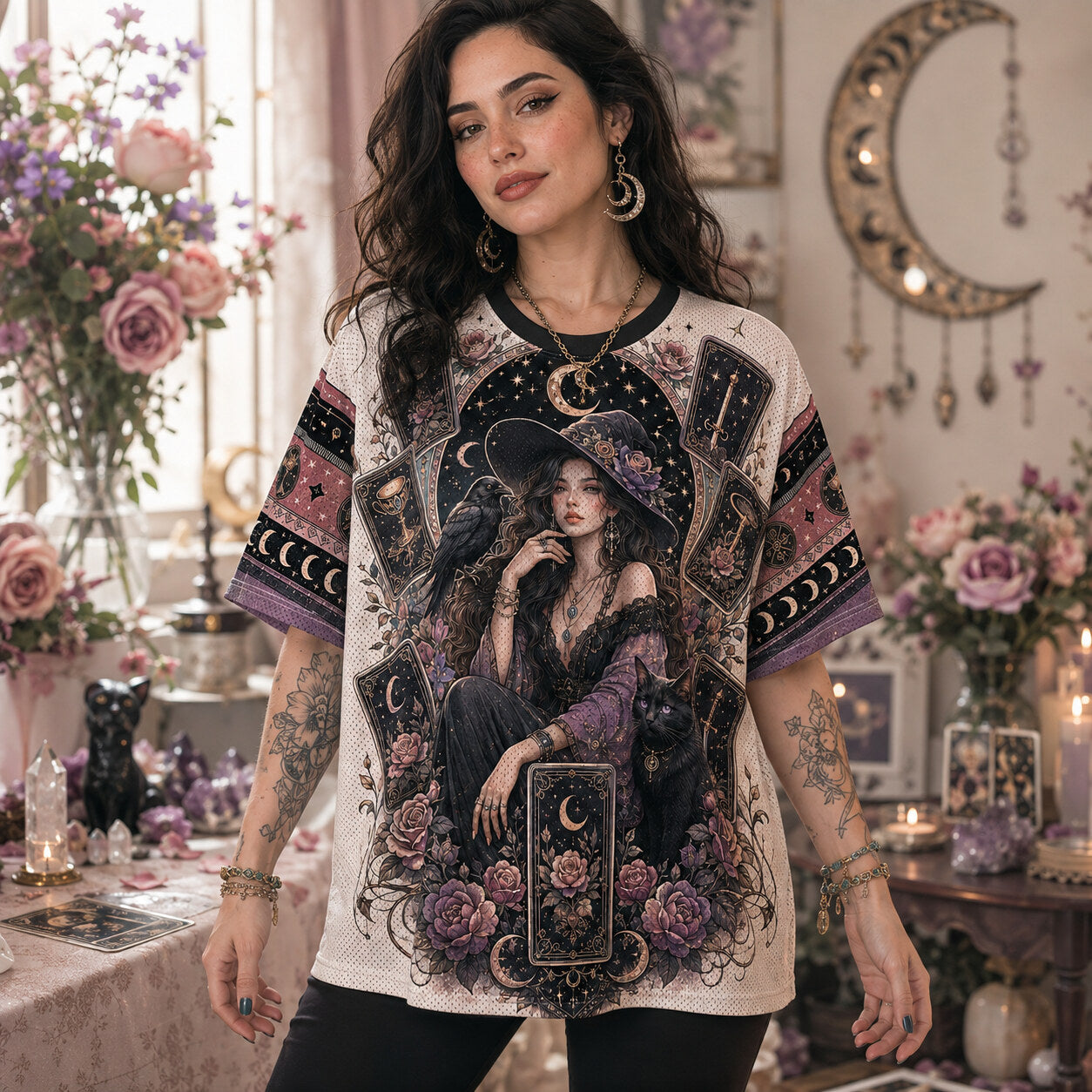 Tarot Witch Raven T-Shirt Winged Eye Moon Cream Gothic Tee worn, front view