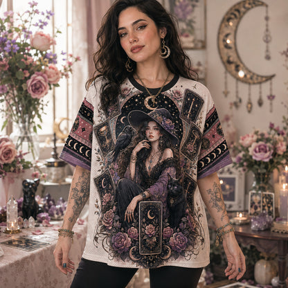 Tarot Witch Raven T-Shirt Winged Eye Moon Cream Gothic Tee worn, front view