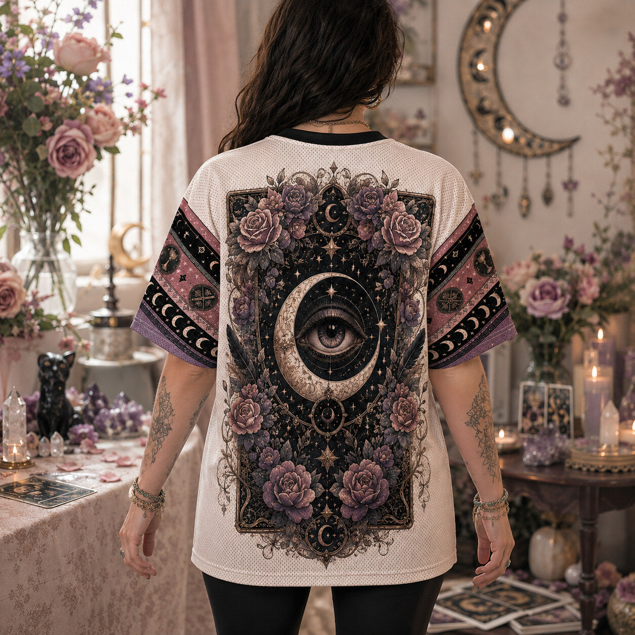 Tarot Witch Raven T-Shirt Winged Eye Moon Cream Gothic Tee worn, back view