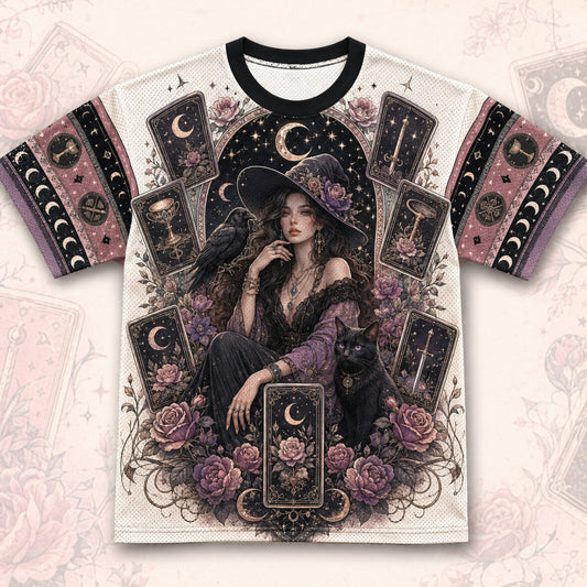 Tarot Witch Raven T-Shirt Winged Eye Moon Cream Gothic Tee front view