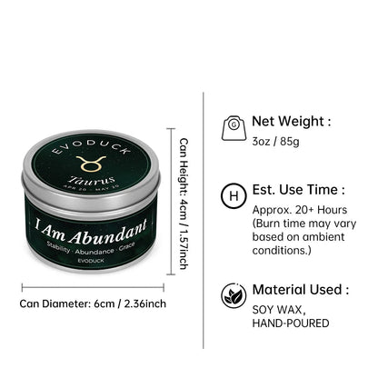 Taurus Candle size specifications infographic - 3oz soy wax candle, 20 hour burn time, hand-poured