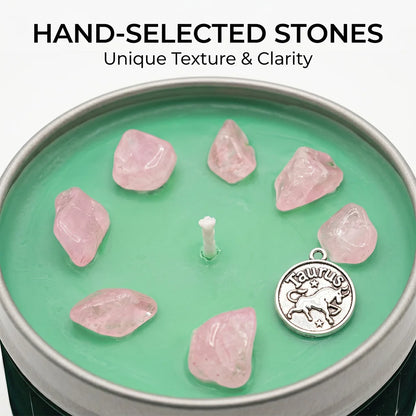 Close-up of Taurus Candle green wax with rose quartz crystal chunks and a Taurus bull charm - Hand-Selected Stones, Unique Texture and Clarity