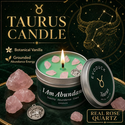 Taurus Zodiac Candle I Am Abundant with rose quartz crystals and Taurus charm - Botanical Vanilla, Grounded Abundance Energy, Real Rose Quartz
