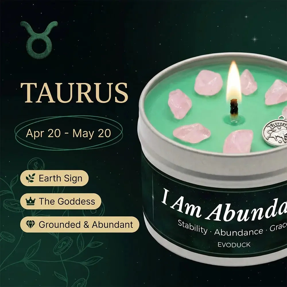 Taurus Zodiac Candle, Apr 20 to May 20, with rose quartz crystals in wax - Earth Sign, The Goddess, Grounded and Abundant